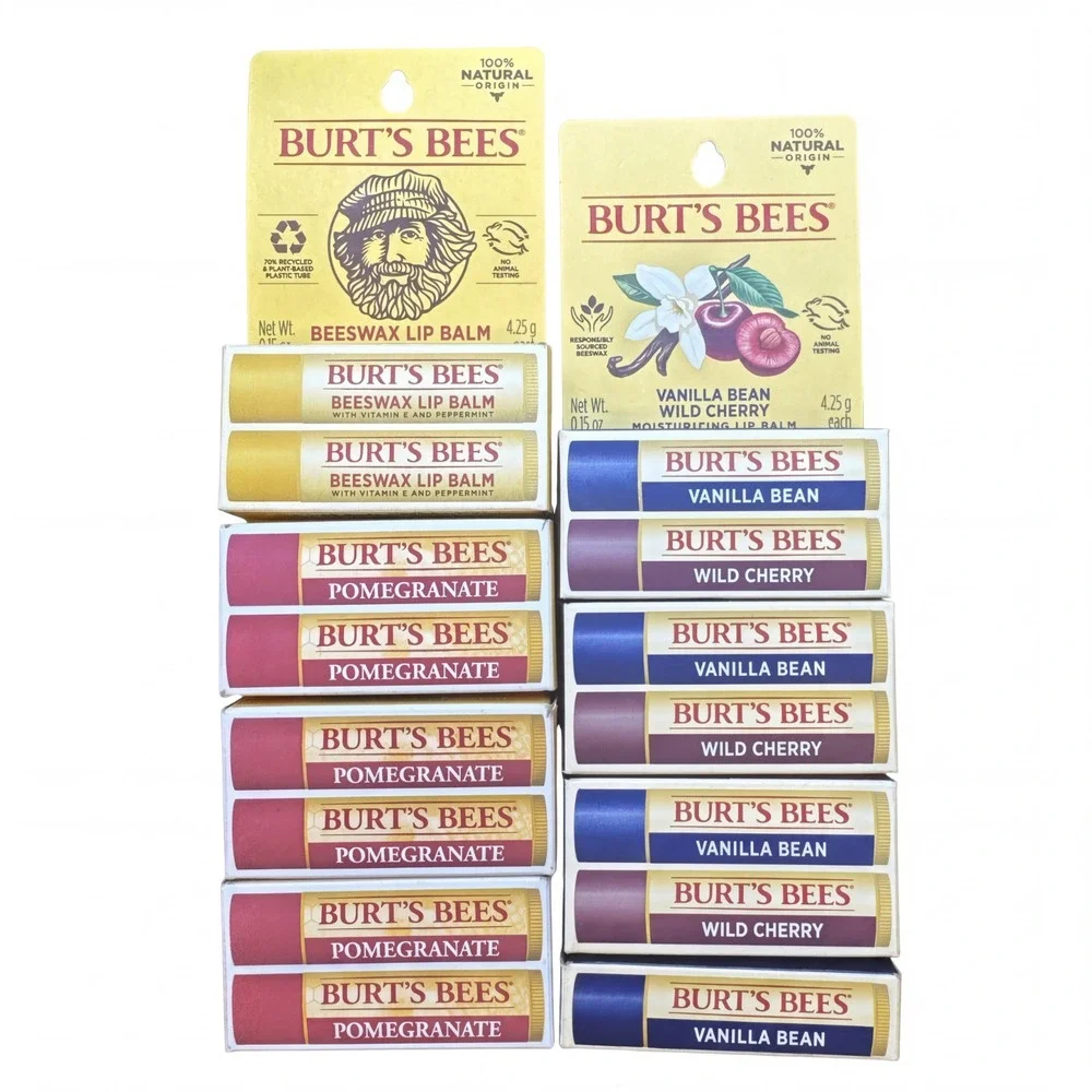 15 Burt's Bees Lip Balms Assortments Pomegranate Wild Cherry Vanilla Peppermint